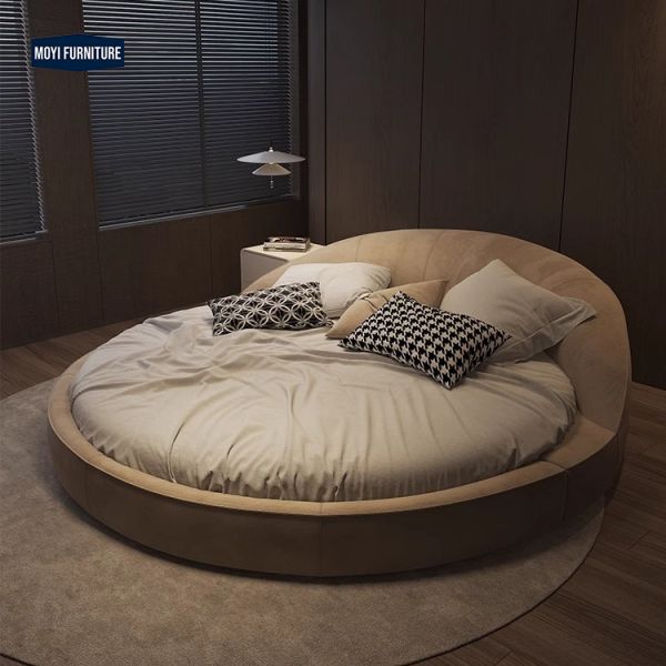 OEM Accepted Modern Minimalist King Size Round Fabric Bed Frosted Luxury Villa French Style Wedding Bed Soft Double Bed
