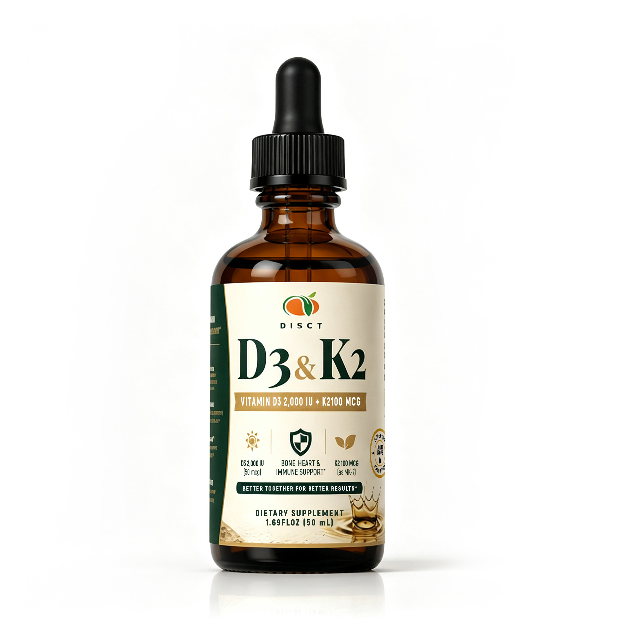 Wholesale 10000 IU Vitamin D3 + K2 Liquid Drops with Organic MCT Carrier Oil - Private Label Ready