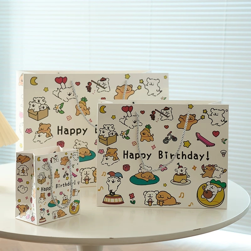 Cute Cartoon Birthday Gift Paper Bags with Twisted Rope Handles