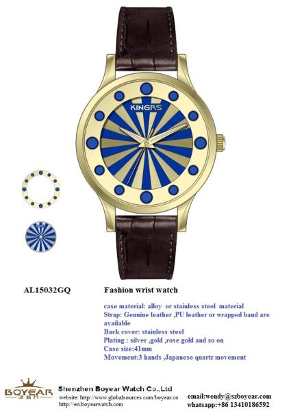 Fashion Three Hands Alloy Case Leather Wrist Watch Gold or Silver Plated