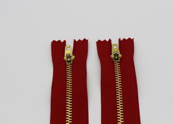 Adhesive Normal Brass Teeth Heavy Duty Metal Zippers Red Tape For Jeans / Pants / Garments