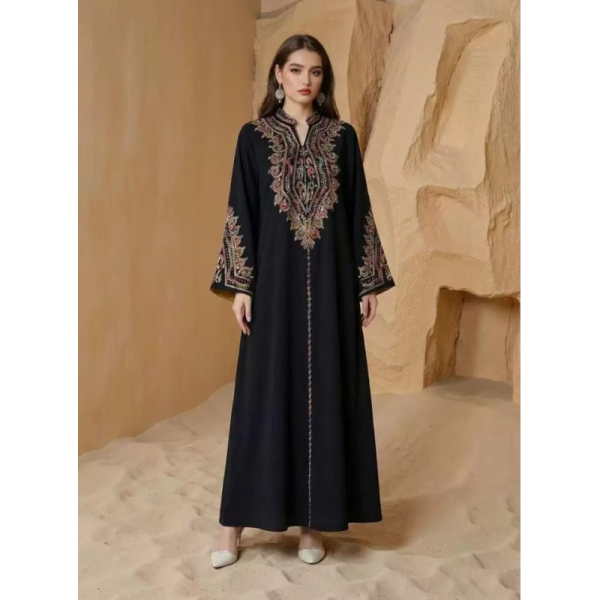 SMT080 Middle Eastern Modest Wear Maxi Abaya with Black & Gold Embellished Neckline in Sizes M-XXL