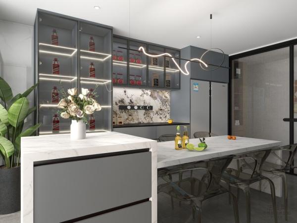 Armoires de cuisine linéaires doubles en acier inoxydable gris-bleu avec stockage de vin et île multifonctionnelle