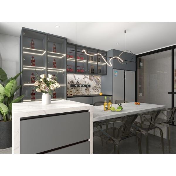 Fadior Gray-Blue Stainless Steel Double Linear Kitchen Cabinets With Wine Storage And Multifunctional Island