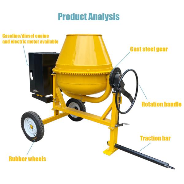 400L 500L Mobile Portable Concrete Mixer with 2 Tyre and Outline Dimension of 2600*1100*1300mm