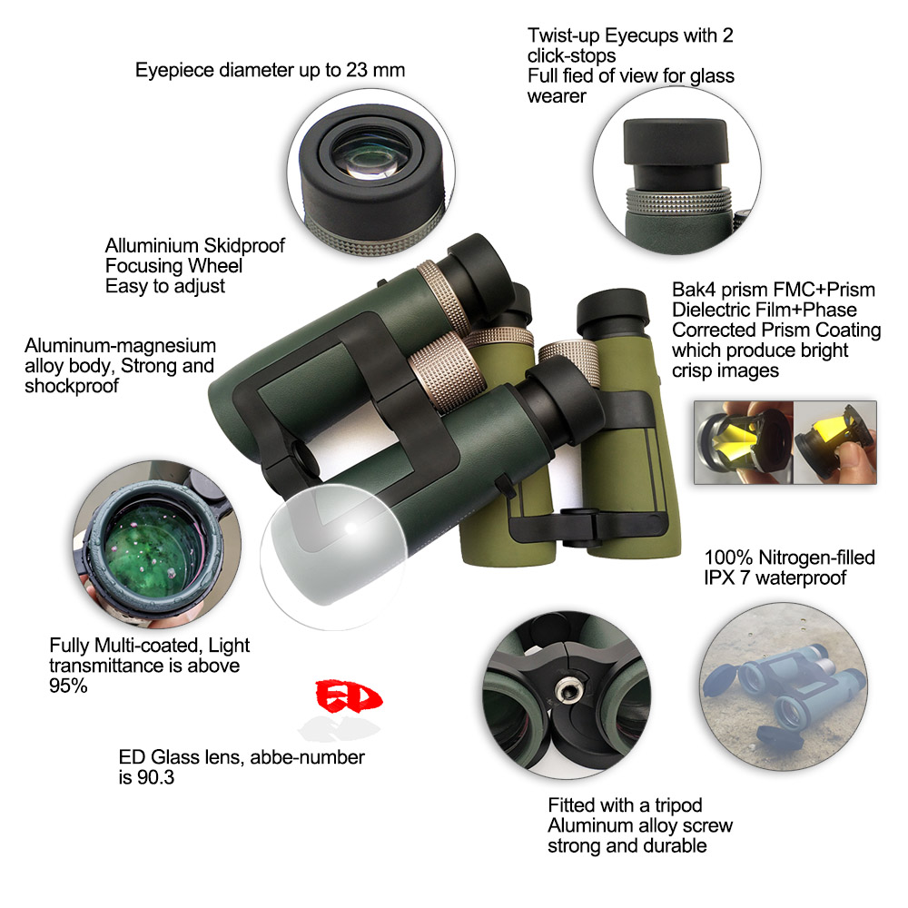 Фокус биноклей 10x42mm зеленого водоустойчивого телескопа мини разбивочный с оптически представлением