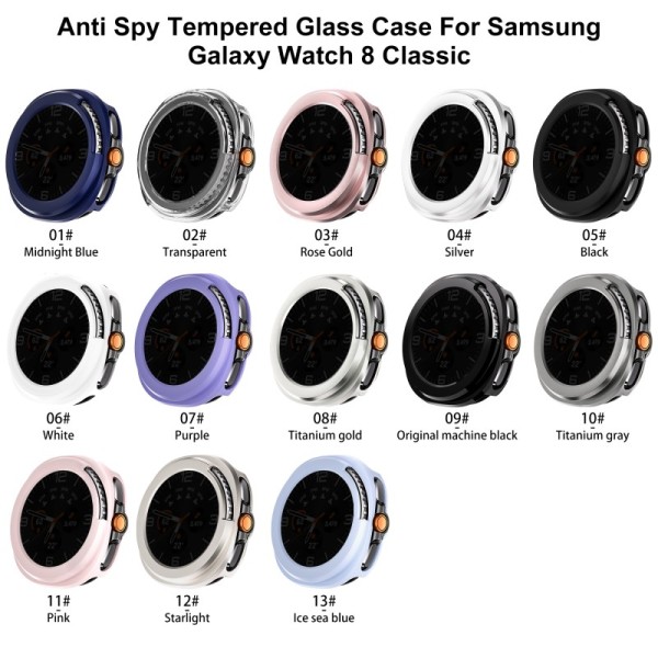 Eraysun Anti-Spy PC Tempered Glass Watch Cases for Samsung Galaxy Watch 8 Classic  Cover Case.