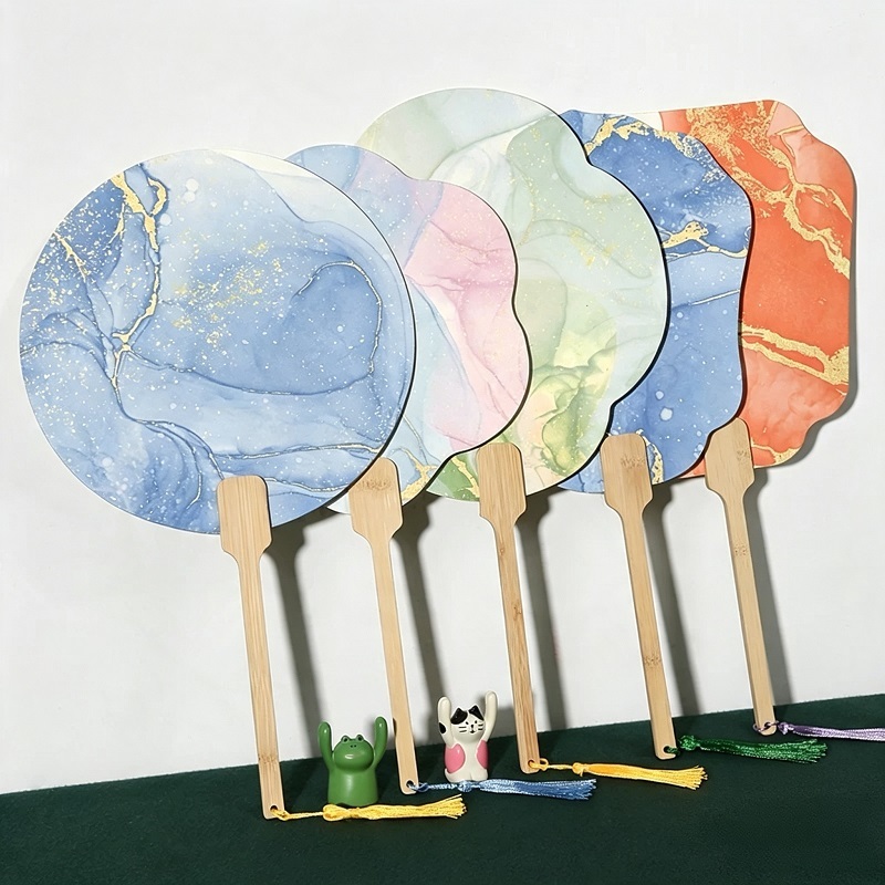 Marbled Paint Art Round Paper Hand Fans With Wooden Handles For Cultural Gifts