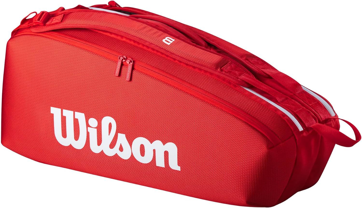 Wilson Super Tour Red Tennis Racket Backpack designed to hold up to 6 rackets with thermoguard lining and dual carrying system for comfortable transport