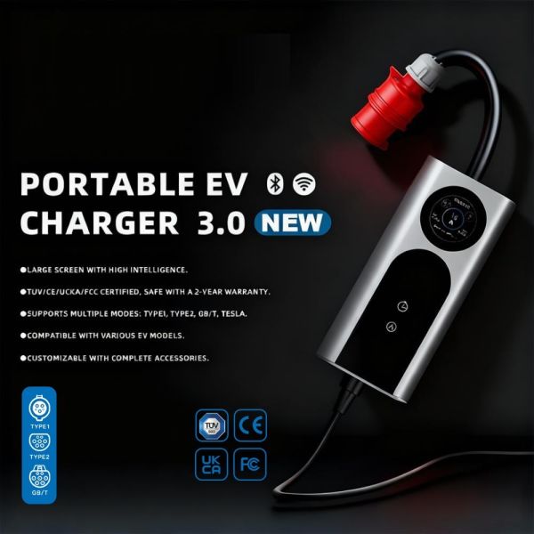 Portable EV Car Charger ideal for road trips camping and emergency charging supports multiple plug types and adjustable output power