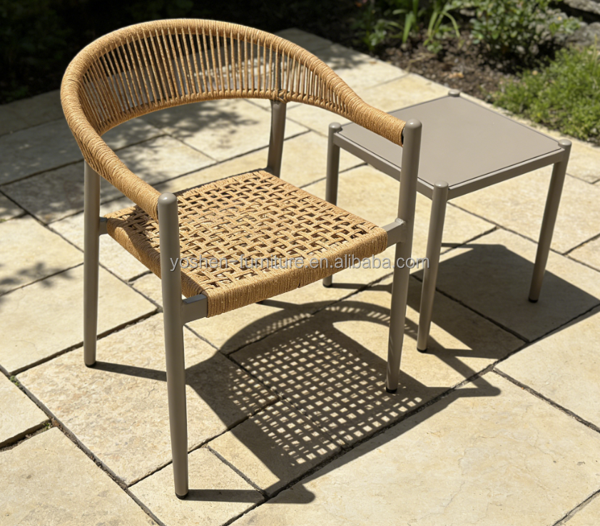 Beige Rope Woven Outdoor Dining Arm Chair with Grey Frame for Coastal Patio Garden