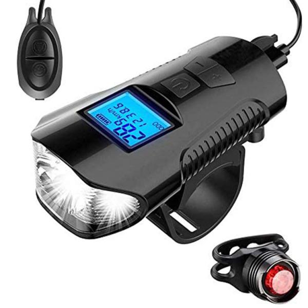 Black Usb Charging Bike Front Light Flashlight Handlebar Cycling Head Light Speed Meter Lcd Screen