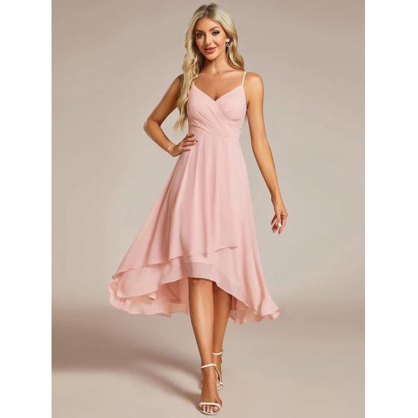 Popular V-neck Spaghetti Strap Empire A-line High-low Chiffon Wedding Guest Dress White Midi Prom Dress