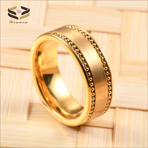 Bague de mariage pour homme en carbure de tungstène plaqué or 8mm avec incrustation de chaîne de perles dorées