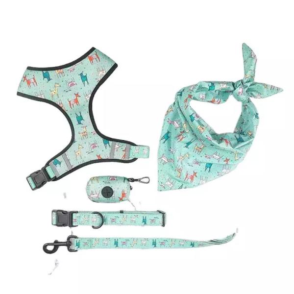 Green Color Polyester Pet Dog Harness Set With Adjustable Pin Buckle