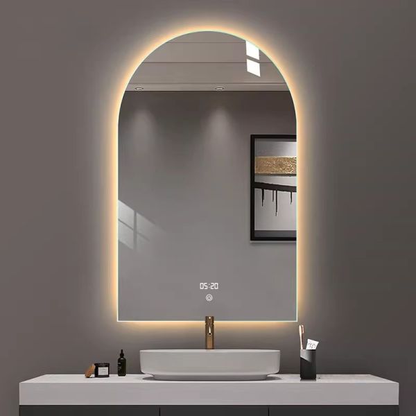 Kingstin Arched LED Bathroom Mirror Frameless Smart Wall Mirror with 3 Colors, Anti-Fog, Time Display, Dimmable