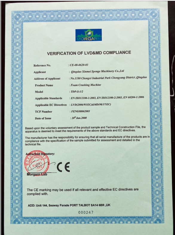 Qingdao Xinmeiteng Sponge Manufacture Co. Certificaciones
