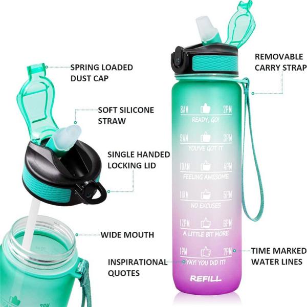 1L Capacity Sports Water Bottle with Time Marker and Direct Drinking Straw BPA Free