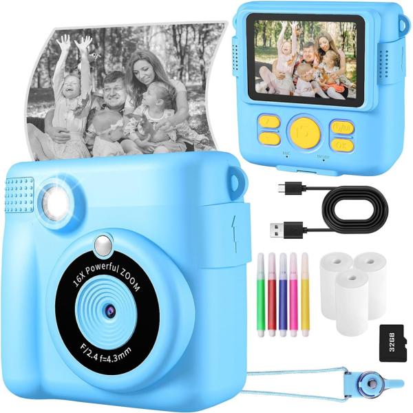 1080P HD Kids Digital Camera 2.4 inch Screen Size Instant Print 32G SD Card 3 Rolls Photo Paper Perfect Birthday Christmas Gifts for 6-12 Boys Girls
