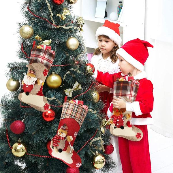Christmas Stocking, 18 Set of 3 Santa, Snowman, Reindeer, Xmas Character 3D Plush with Faux Fur Cuff Christmas Decorati