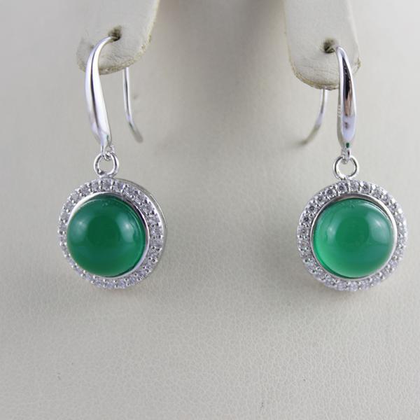 Sterling Silver 9mm Round Green Jade  Cubic Zirconia Dangle Earrings( PSJ025E)