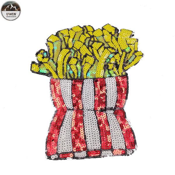 French Fries Sequin Iron On Appliques , Sequin Patches For Jeans Any Shape Available