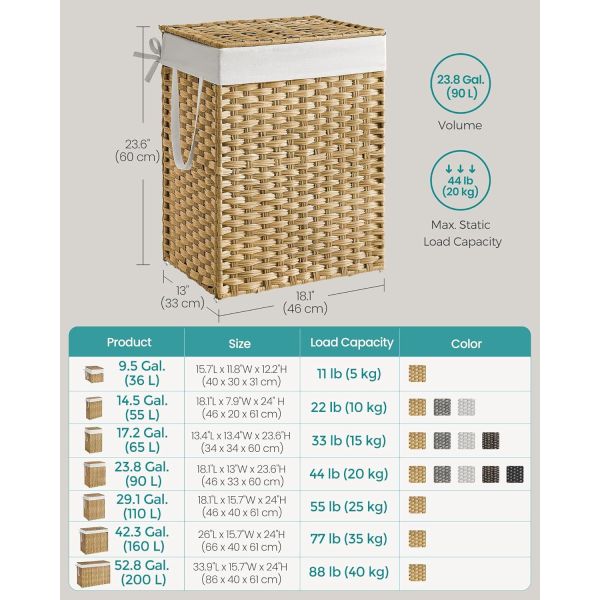 Laundry Hamper With Lid, 23.8 Gallon (90 L) Synthetic Rattan Clothes Laundry Basket With Lid And Handles, Foldable, Removable Liner, Goose Yellow
