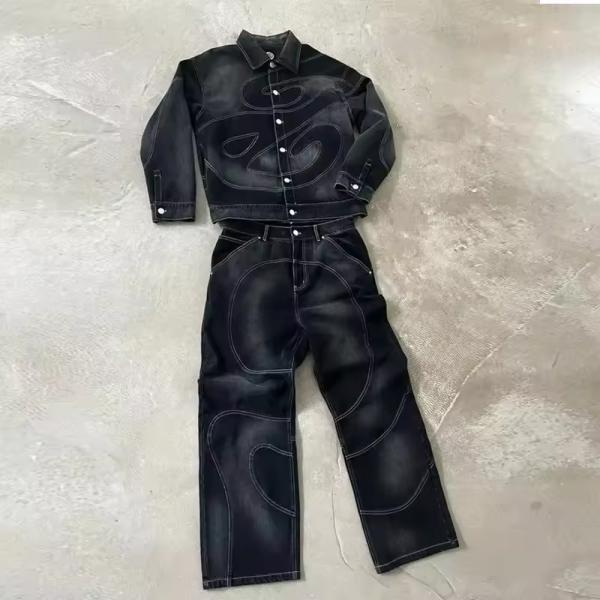 Embroidery con botón a medida con mosca Denim Vintage Jeans Lavados Corredores de peso pesado Fabricantes de ropa callejera