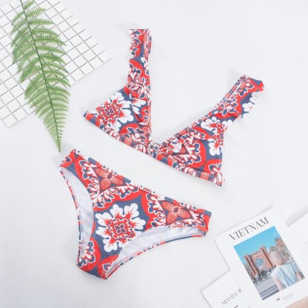 Ruched Trim Deep V Neckline Top With  Low Waist Women bathing Suit