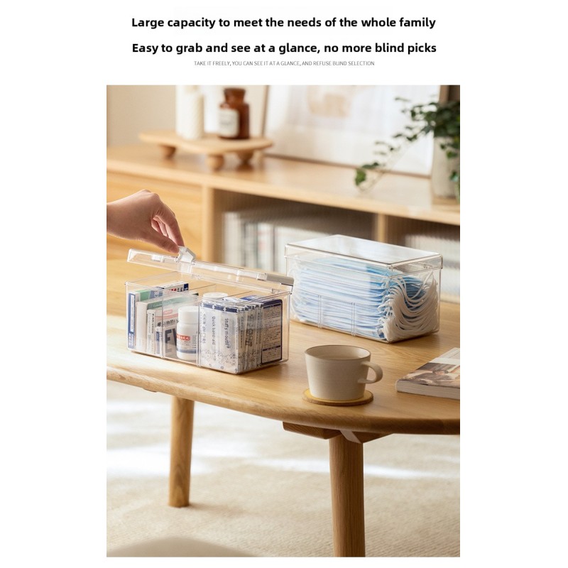 Minimalist Clear Plastic Medicine Organizer Box Large Capacity Multi-Compartment Desktop Storage Container with Handle