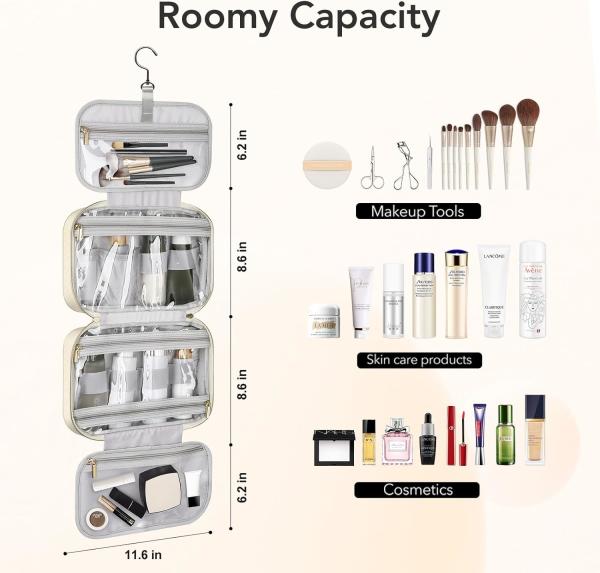 Water-resistant Creamy White Toiletry Hanging Makeup Cosmetic Organizer Travel Bag for Full Sized Toiletries Accessorie