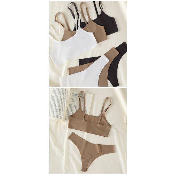 High Quality Women Seamless Bra Thong Set Wire Free Bra Solid Color Underwear Set for Ladies