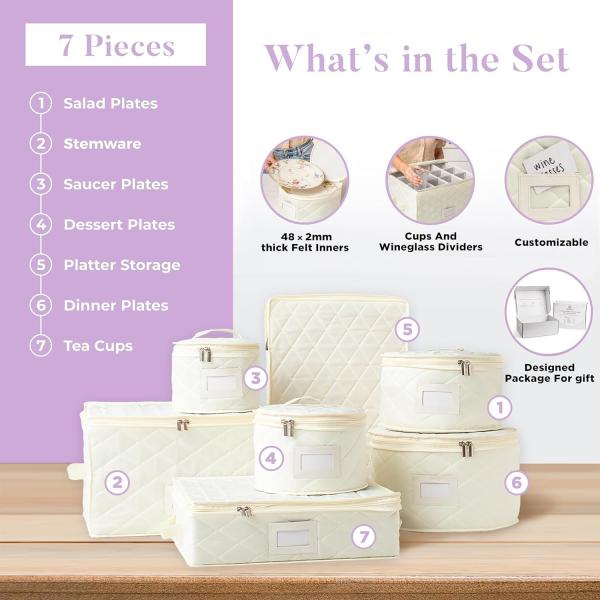 CHINA STORAGE CONTAINERS QUILTED. 7PC DISHES STORAGE KIT WITH 48 CUT-TO-SIZE FELT INNERS. FINE CHINA STORAGE, PLATE