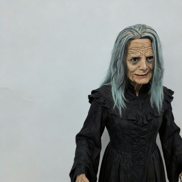 Scary Old Witch Mask with Long Pale Blue Hair, Wrinkled Latex Female Mask for Halloween Cosplay & Haunted House