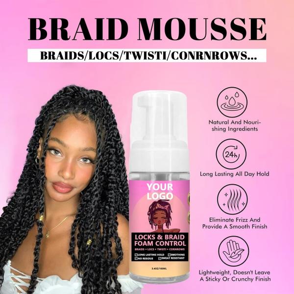 Mousse de fixação de cabelo personalizado para controlar tranças e definir tranças em mulheres negras