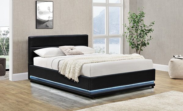 Black Faxu Leather Ottoman LED Storage Bed