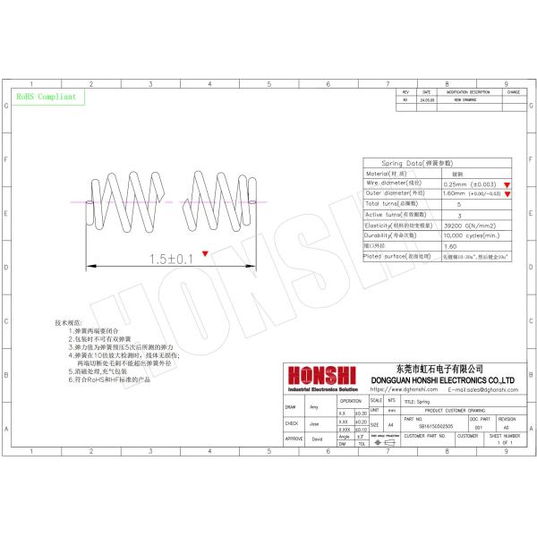 Custom 0.02mm Diameter 10u'' Gold Plated Brass Pin Contacts Springs For Male Gender And Salt Fog 72H