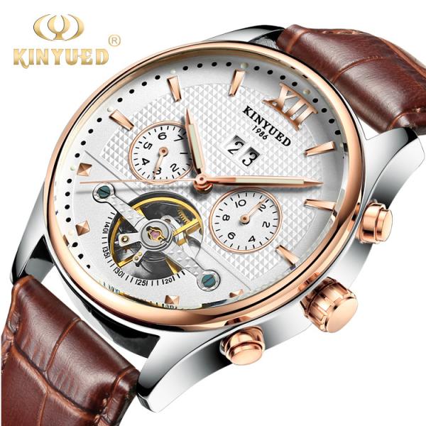 KINYUED Power Reserve Sport Custom Waterproof Watch Genuine Leather Strap For Watch Mechanical Wristwatch