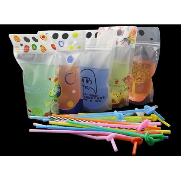 Stand Up Reclosable Zipper Clear Drink Pouches Bags with Plastic Straw, 8mil