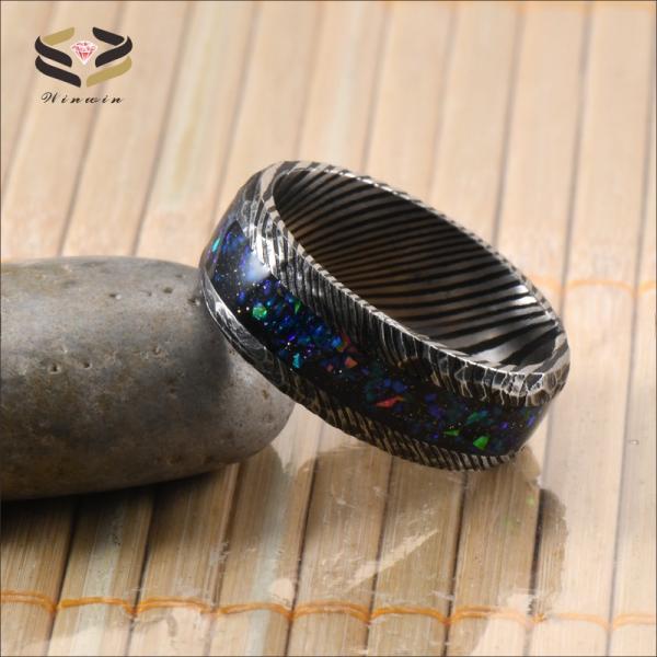Anillo de boda de acero de Damasco de 8 mm, galaxia ópalo con incrustaciones para hombres