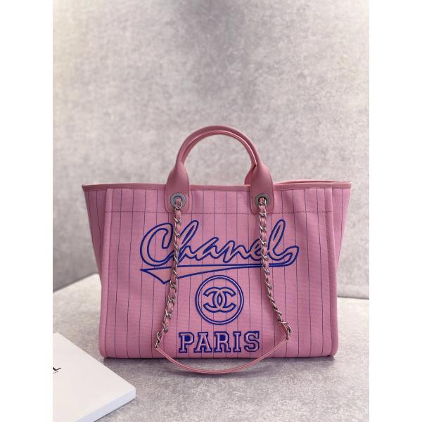 30cm 23P Chanel Deauville Tote Bag White Ecru Black Stripe