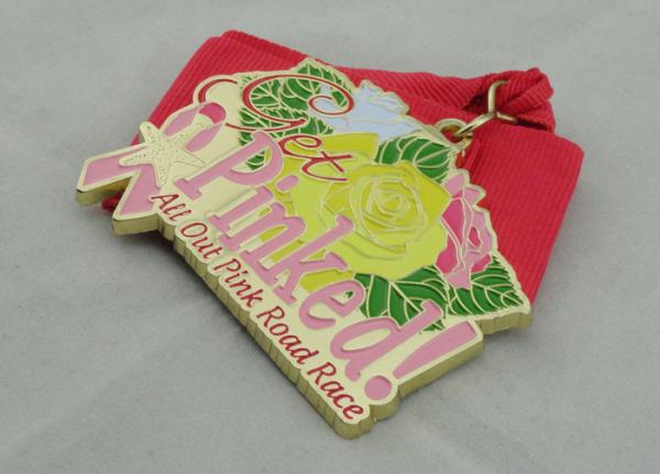 Pink Road Race Ribbon Medals 70mm Gold Plating With Soft Enamel