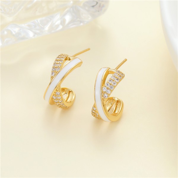Jiexing Wholesale Trendy Drop Oil CZ Design X-shape Stud Earring Enamel White Black Color Jewelry Accessory for Women