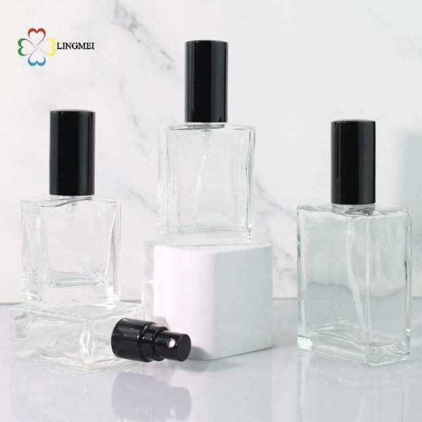 Wholesale Flat Square Glass Perfume Atomizer Bottles | 10ml, 15ml, 30ml Empty Refillable Spray Bottles with Metallic Aluminum& Wooden Caps