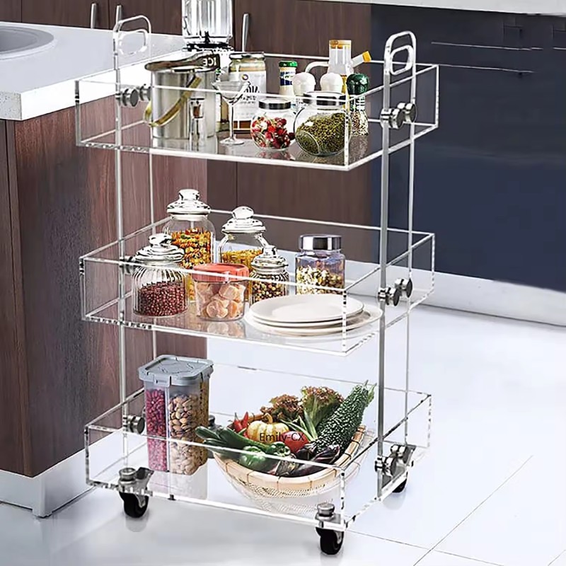 New Design Factory Customized Assembly Rolling Clear Lucite Perspex Food Trolleys Acrylic Storage Carts with Wheels