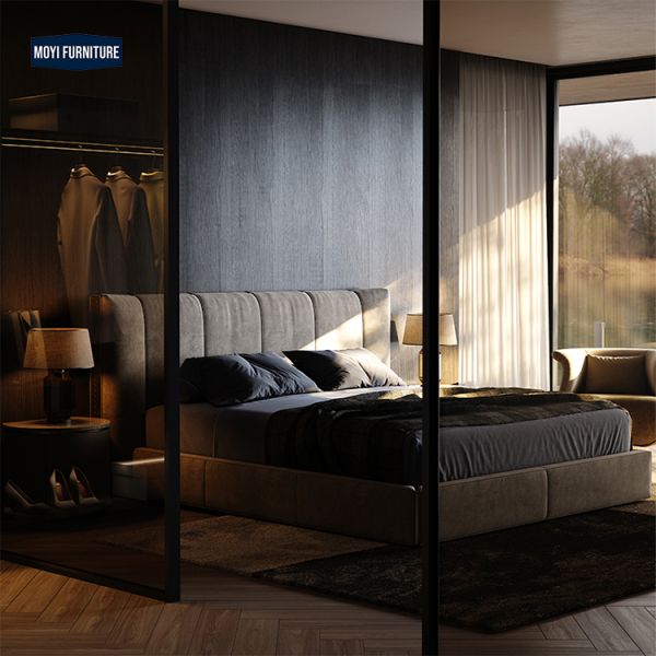 Oak Wood Frame Double Bed Luxury Bedroom Furniture Featuring Modern Style High End King Size Velvet Headboard