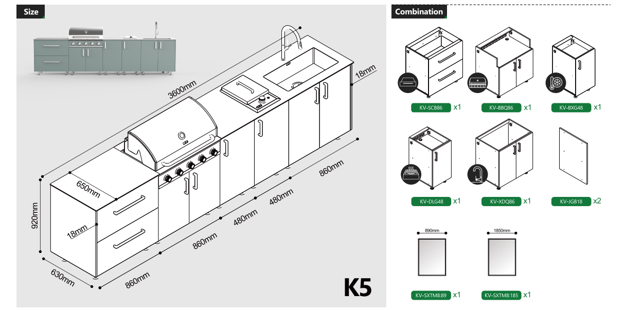 K5 Modular Outdoor Kitchen with Side Burner, Sink and Storage Drawers