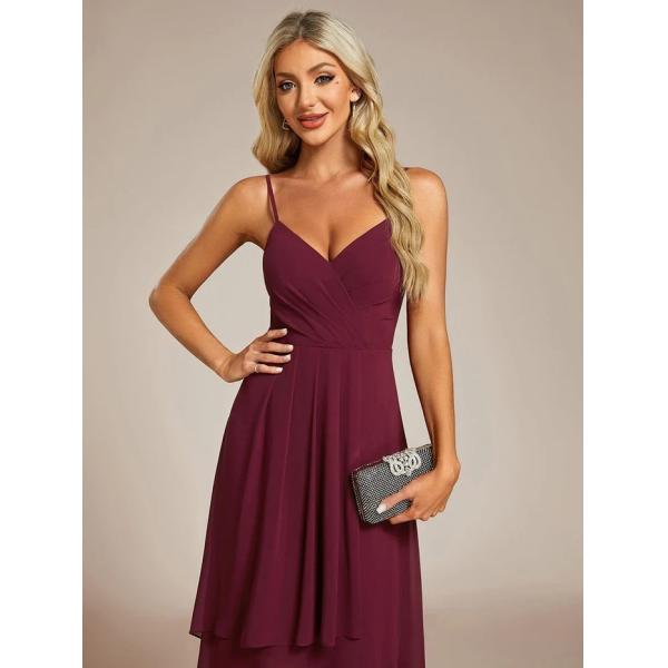 Sexy V-neck Spaghetti Strap Empire A-line High-low Burgundy Chiffon Wedding Guest Dress Midi Evening Dress