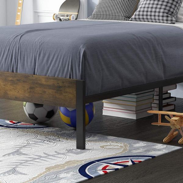 Platform Twin Metal Bed Frame With Wood Headboard And iron Slats