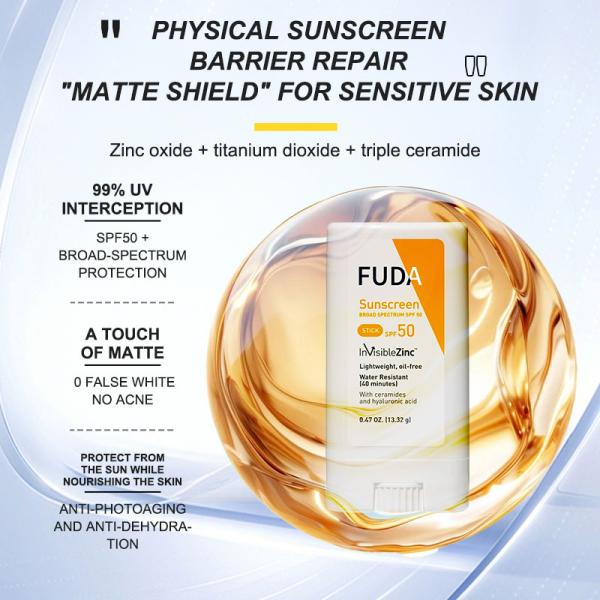 Écran solaire physique à la céramide non irritant SPF 50 en stick, apaisant pour la peau, OEM